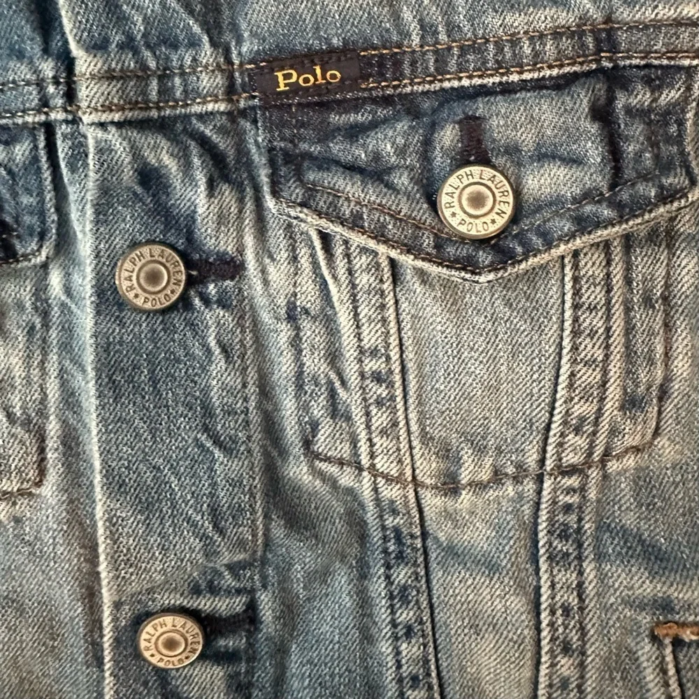 Polo Ralph Lauren Denim Trucker Jacket Y2K Youth Sz 10 Cropped Raw Hem Spell Out